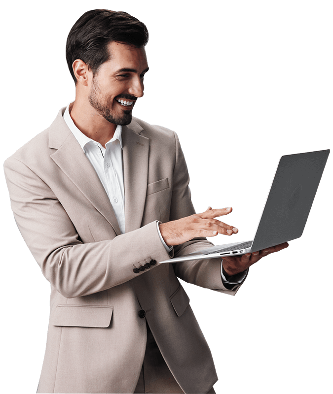 Mann mit Laptop für Online-Anfrage